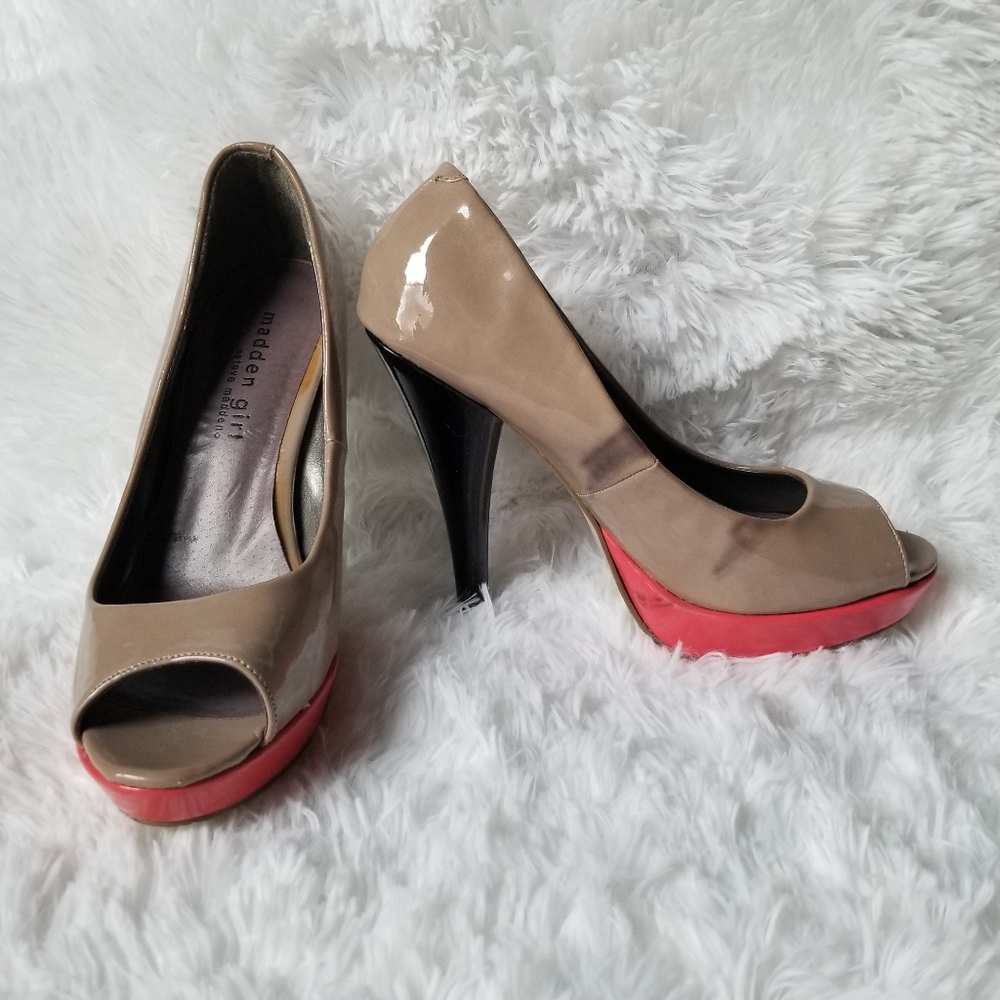 Womens Madden Girl Olicia Blush Neon Pink Black Colorblock Open Toe Heels SIze 7